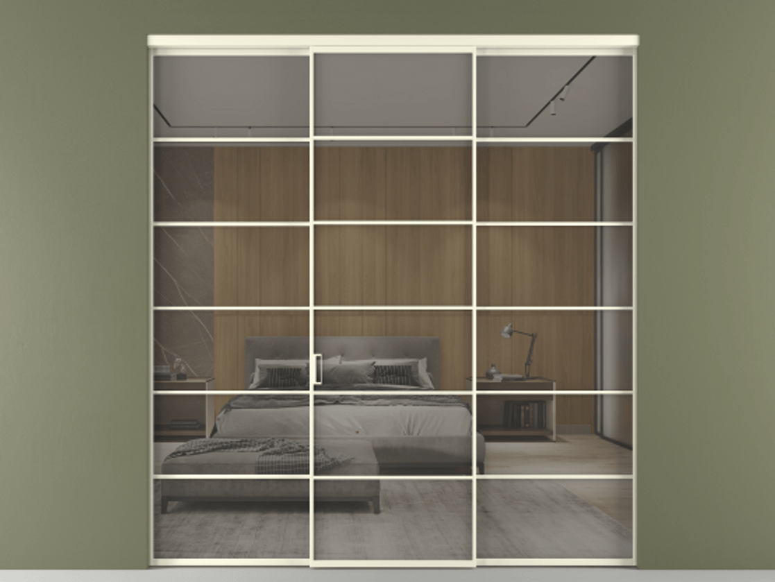 Перегородка Формато внутри проёма 3 створки АЛПР 040.04 Алюминий молочно-белый Рефлективное серое стекло "Стопсол", калёное Цена 341000 ₽ | Volhovec