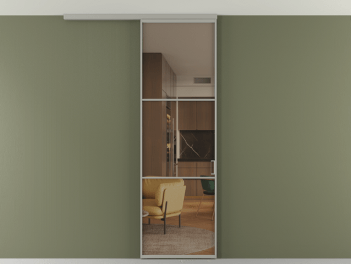 Перегородка Формато вдоль стены на потолок 1 створка АЛПР 040.03 Алюминий нейтральный серый Прозрачное бронзовое стекло, триплекс Цена 23854530 so'm | Volhovec