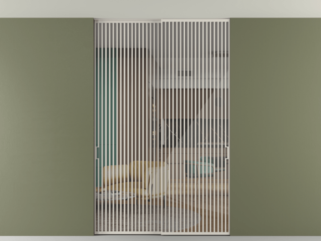 Перегородка Formato внутри проёма скрытое крепление в потолок 2 створки АЛПР 040.06 Алюминий облачно-серый Рефлективное прозрачное стекло "Stopsol", калёное Цена 521120 ₽ | Volhovec