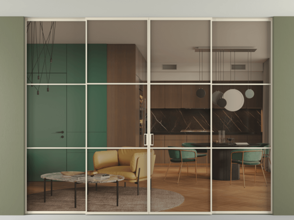 Перегородка Formato внутри проёма скрытое крепление в потолок 4 створки АЛПР 040.03 Алюминий бежево-серый Прозрачное бронзовое стекло, триплекс Цена 89427590 so'm | Volhovec