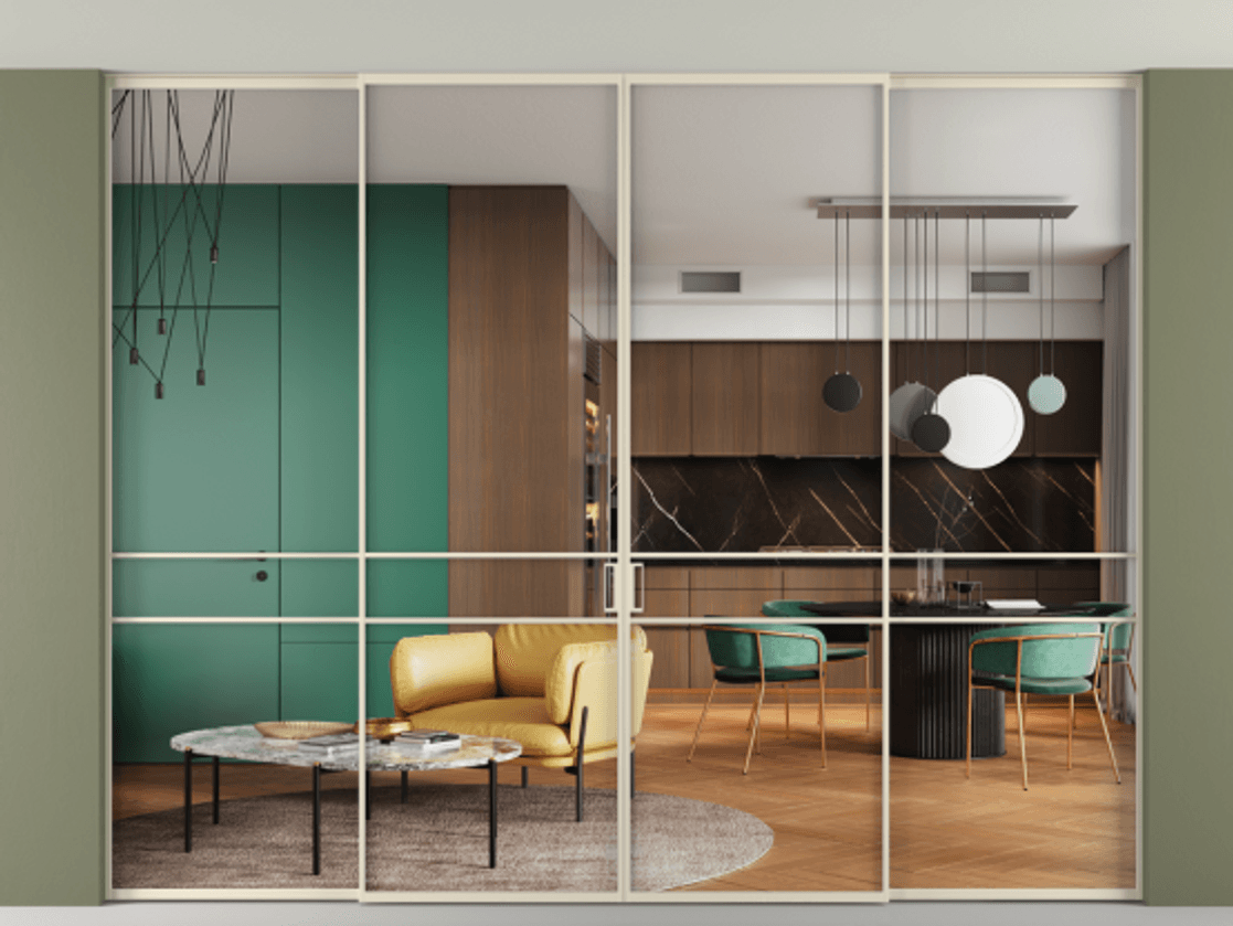 Перегородка Формато внутри проёма скрытое крепление в потолок 4 створки АЛПР 040.02 Алюминий бежево-серый Прозрачное стекло "Кристал Вижн", калёное Цена 112693420 so'm | Volhovec