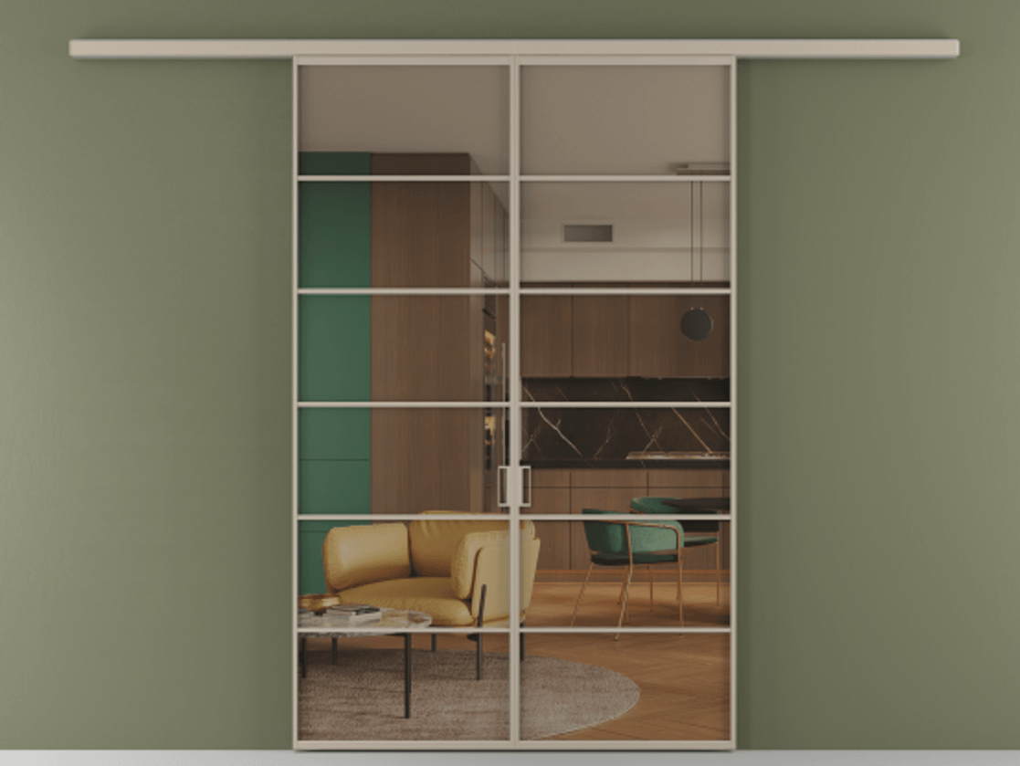 Перегородка Формато вдоль стены 2 створки АЛПР 040.04 Алюминий бисквитный Прозрачное бронзовое стекло, триплекс Цена 42051450 so'm | Volhovec