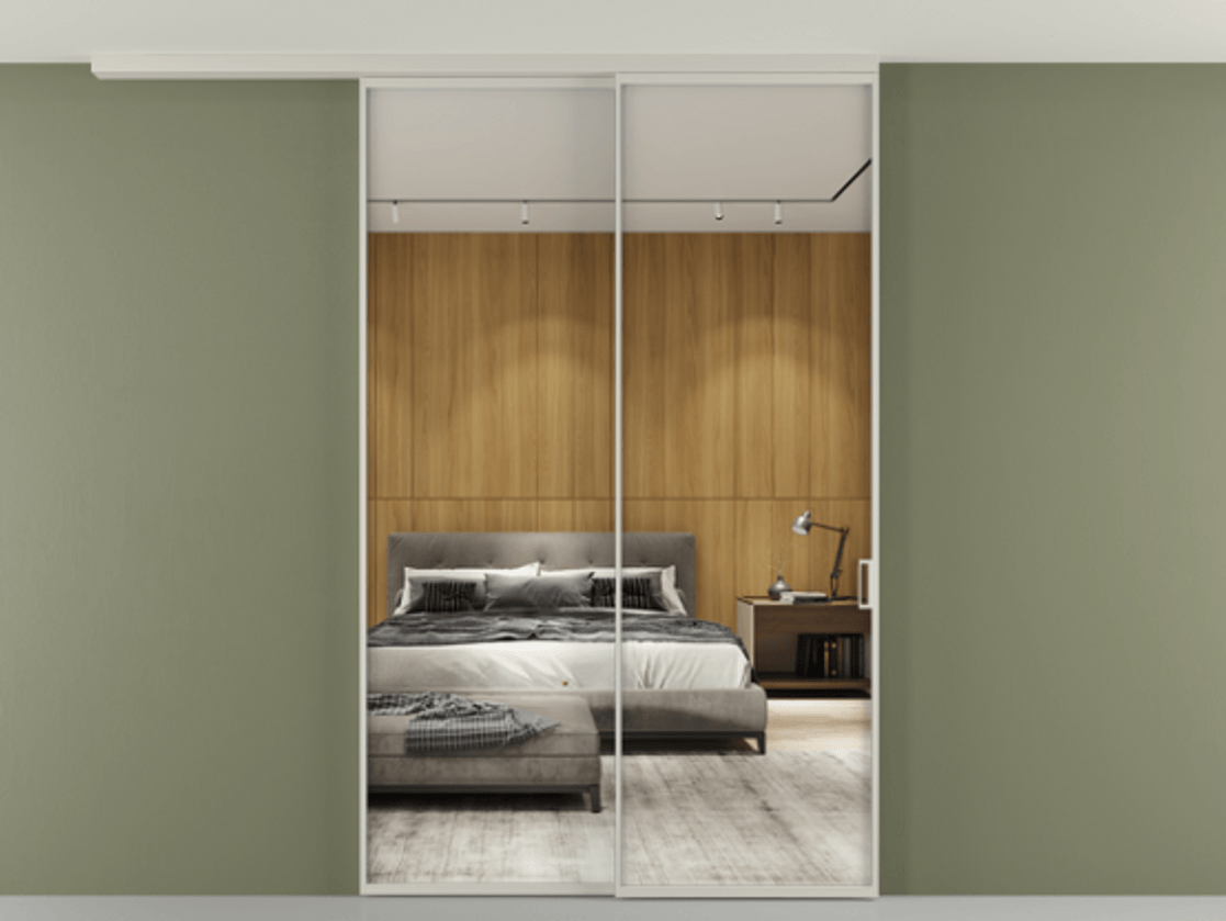 Перегородка Формато вдоль стены на потолок 2 створки с синхронным механизмом АЛПР 040.01 Алюминий тёплый серый Двустороннее зеркало, триплекс , триплекс 6 мм Цена 60725420 so'm | Volhovec