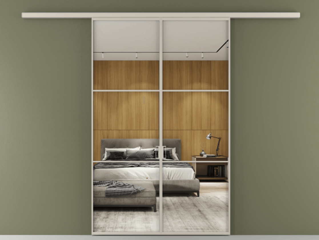 Перегородка Формато вдоль стены 2 створки АЛПР 040.03 Алюминий светло-бежевый Двустороннее зеркало, триплекс , триплекс 6 мм Цена 39676350 so'm | Volhovec