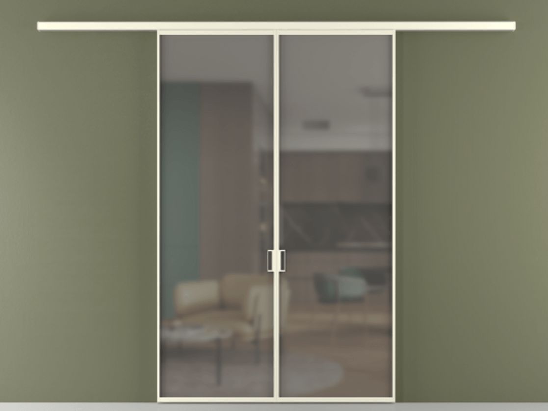 Перегородка Формато вдоль стены 2 створки АЛПР 040.01 Алюминий молочно-белый Сатинированное серое стекло, триплекс Цена 38032050 so'm | Volhovec