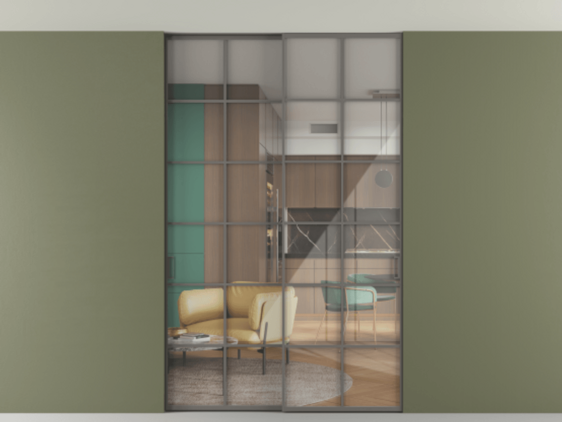 Перегородка Формато внутри проёма скрытое крепление в потолок 2 створки АЛПР 040.05 Алюминий классический серый Рефлективное прозрачное стекло "Стопсол", калёное Цена 65504040 so'm | Volhovec