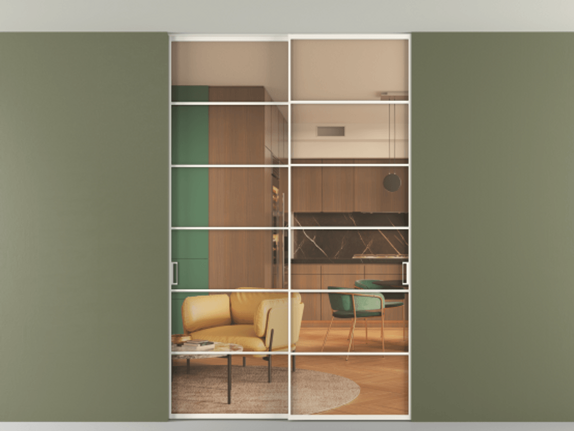 Перегородка Формато внутри проёма скрытое крепление в потолок 2 створки АЛПР 040.04 Алюминий пудровый белый Прозрачное оранжевое стекло, триплекс Цена 53000260 so'm | Volhovec