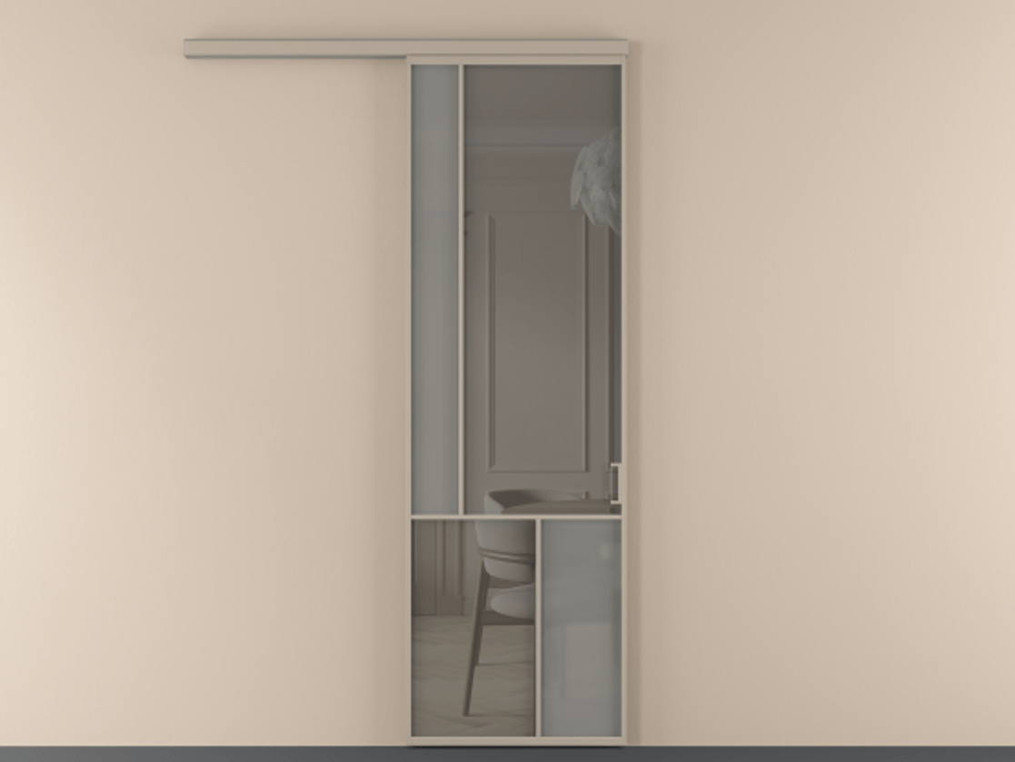 Перегородка Mosaic вдоль стены 1 створка АЛПР 041.20 Алюминий бисквитный Сатинированное серое стекло, триплекс, 6 мм + Прозрачное серое стекло, триплекс Цена 27817090 so'm | Volhovec