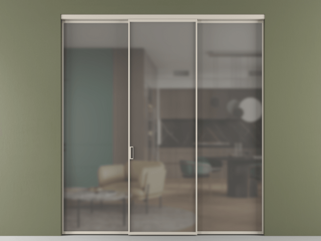 Перегородка Formato внутри проёма 3 створки АЛПР 040.01 Алюминий светло-бежевый Сатинированное серое стекло, триплекс Цена 45700380 so'm | Volhovec