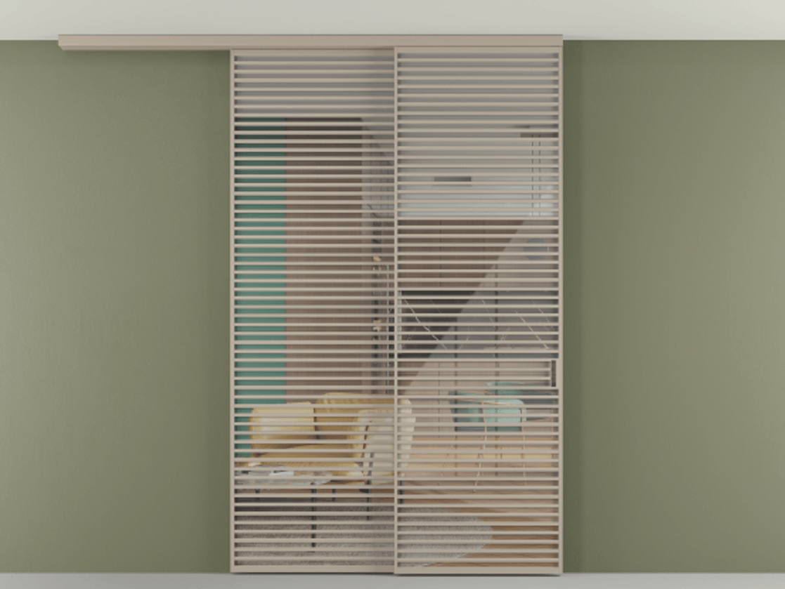 Перегородка Формато вдоль стены на потолок 2 створки с синхронным механизмом АЛПР 040.07 Алюминий бисквитный Рефлективное прозрачное стекло "Стопсол", калёное Цена 94040970 so'm | Volhovec