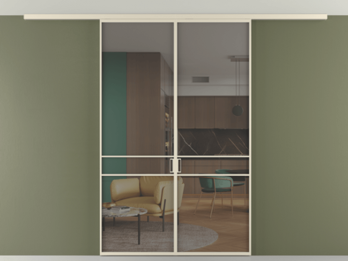 Перегородка Формато вдоль стены на потолок 2 створки АЛПР 040.02 Алюминий бежево-серый Прозрачное серое стекло, триплекс Цена 46267760 so'm | Volhovec