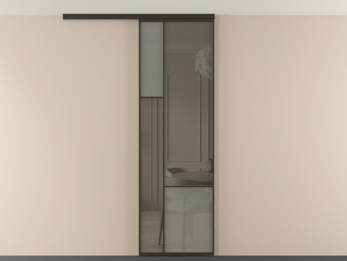 Перегородка Мозаик вдоль стены на потолок 1 створка АЛПР 041.13 Алюминий антрацит Сатинированное серое стекло, триплекс, 6 мм + Прозрачное серое стекло, триплекс Цена 27413120 so'm | Volhovec