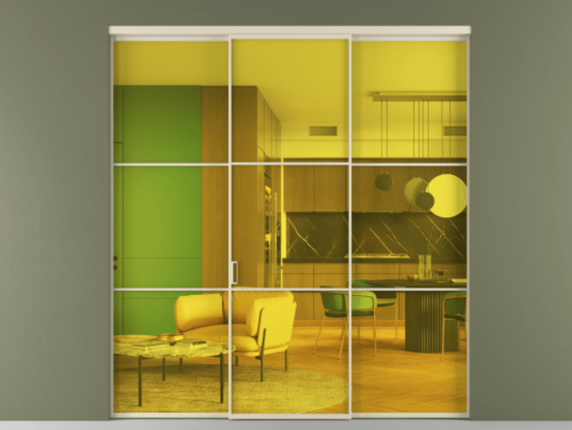 Перегородка Formato внутри проёма 3 створки АЛПР 040.03 Алюминий бежево-серый Прозрачное жёлтое стекло, триплекс Цена 50453620 so'm | Volhovec