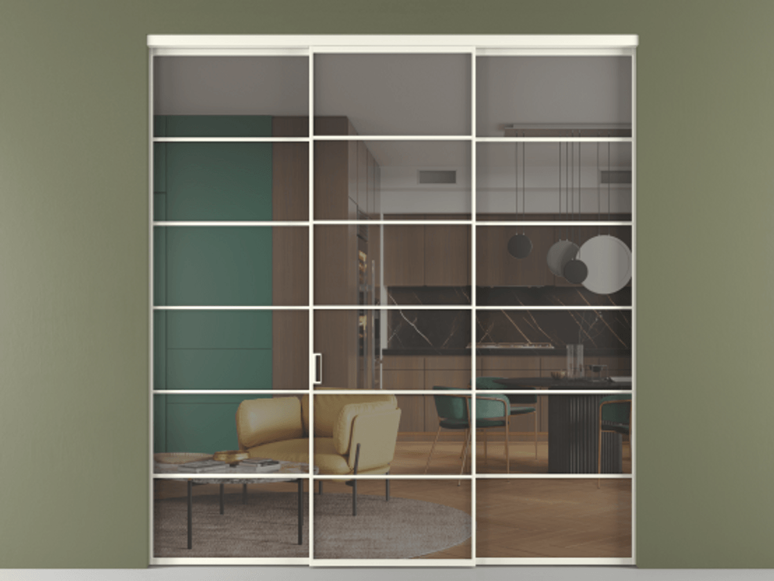 Перегородка Формато внутри проёма 3 створки АЛПР 040.04 Алюминий жемчужный Прозрачное серое стекло, триплекс Цена 51729480 so'm | Volhovec