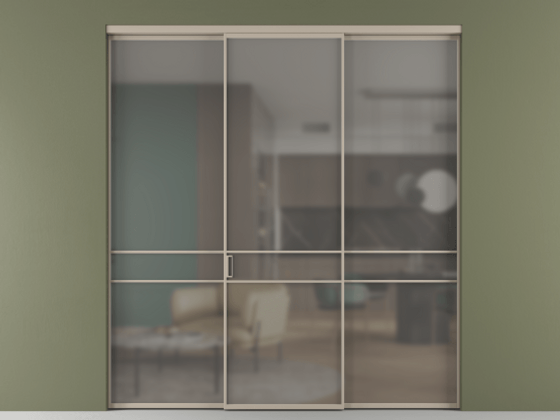 Перегородка Формато внутри проёма 3 створки АЛПР 040.02 Алюминий бисквитный Сатинированное серое стекло, триплекс Цена 48166830 so'm | Volhovec