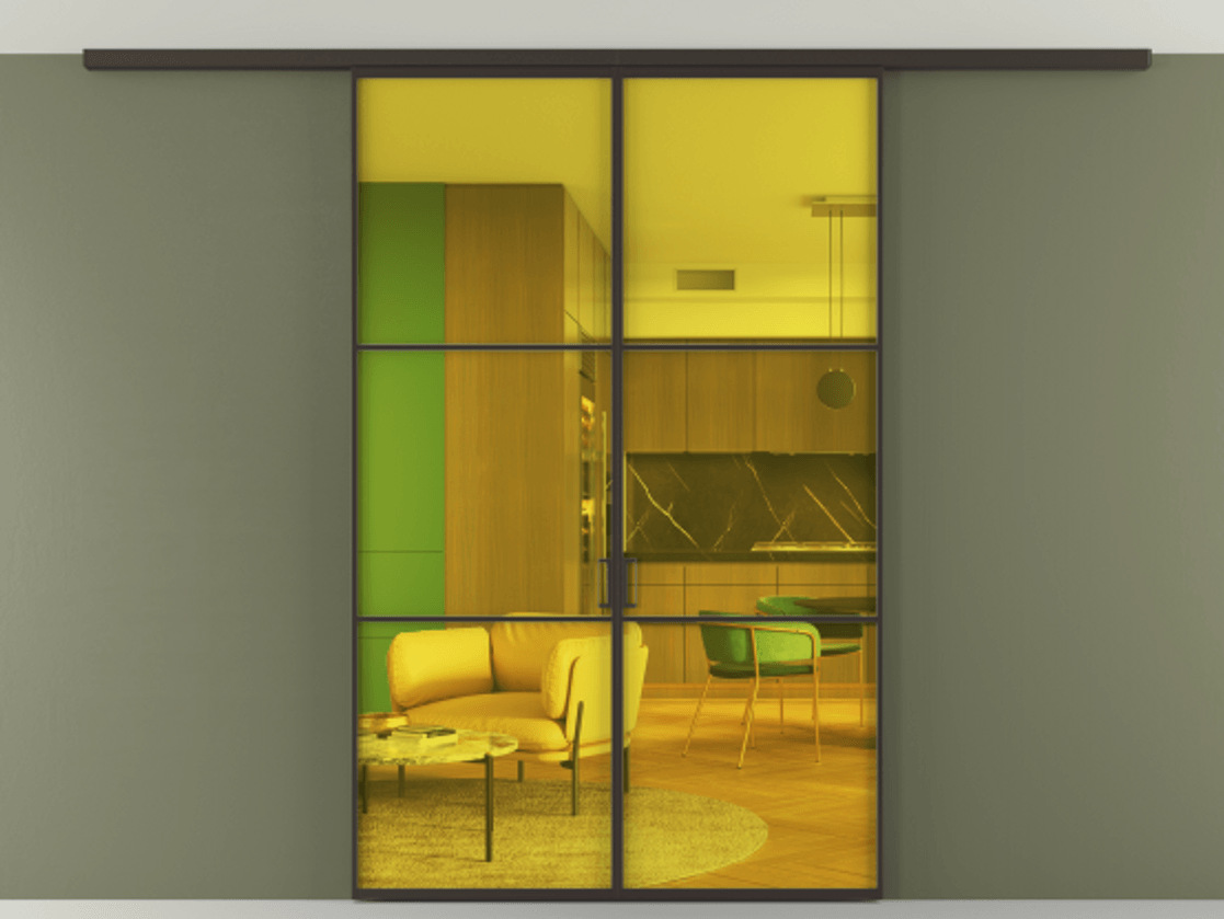 Перегородка Формато вдоль стены на потолок 2 створки АЛПР 040.03 Алюминий антрацит Прозрачное жёлтое стекло, триплекс Цена 39559770 so'm | Volhovec