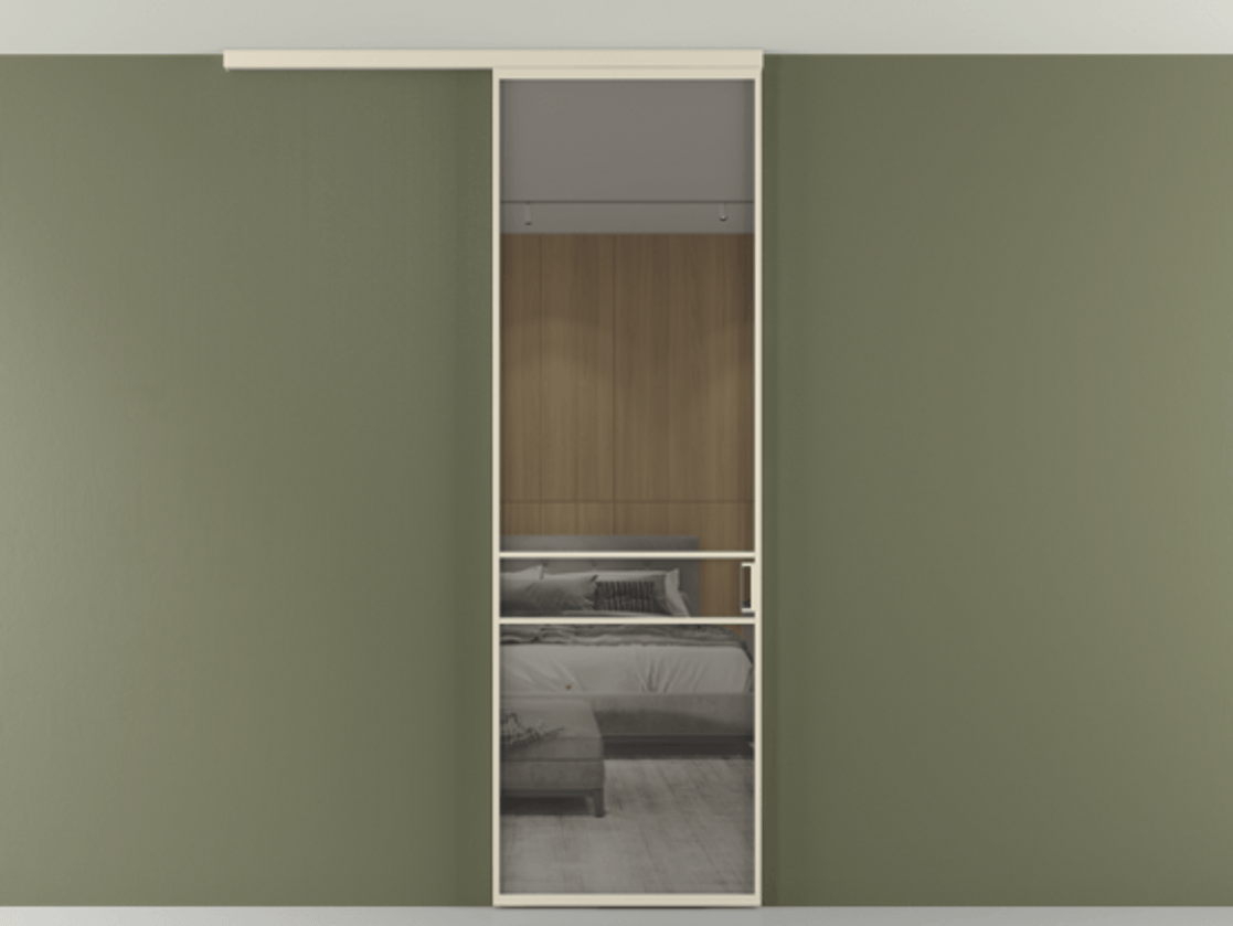 Перегородка Formato вдоль стены на потолок 1 створка АЛПР 040.02 Алюминий бежево-серый Рефлективное серое стекло "Stopsol", калёное Цена 25478530 so'm | Volhovec