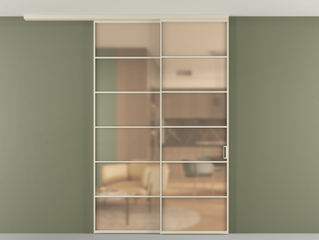 Перегородка Формато вдоль стены на потолок 2 створки с синхронным механизмом АЛПР 040.04 Алюминий бежево-серый Сатинированное оранжевое стекло, триплекс Цена 59215970 so'm | Volhovec