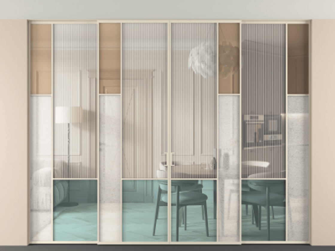 Перегородка Mosaic внутри проёма скрытое крепление в потолок 4 створки АЛПР 041.12 Алюминий бежево-серый Комбинация стекол Группы 1 и Группы 3 Цена 125303780 so'm | Volhovec