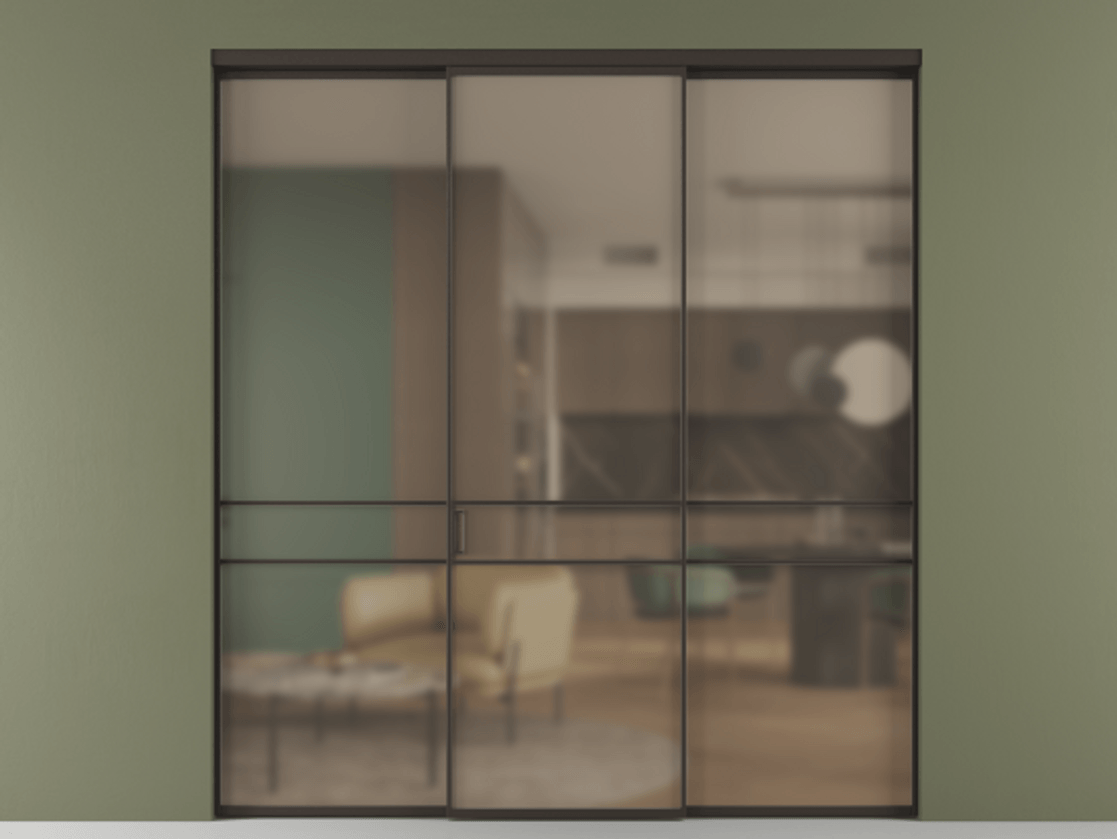 Перегородка Formato внутри проёма 3 створки АЛПР 040.02 Алюминий антрацит Сатинированное бронзовое стекло, триплекс Цена 48166830 so'm | Volhovec