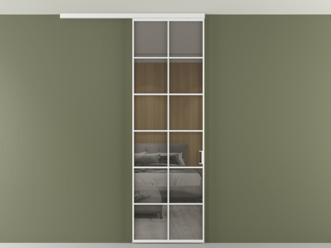 Перегородка Формато вдоль стены на потолок 1 створка АЛПР 040.05 Алюминий белоснежный Рефлективное серое стекло "Стопсол", калёное Цена 23193160 so'm | Volhovec