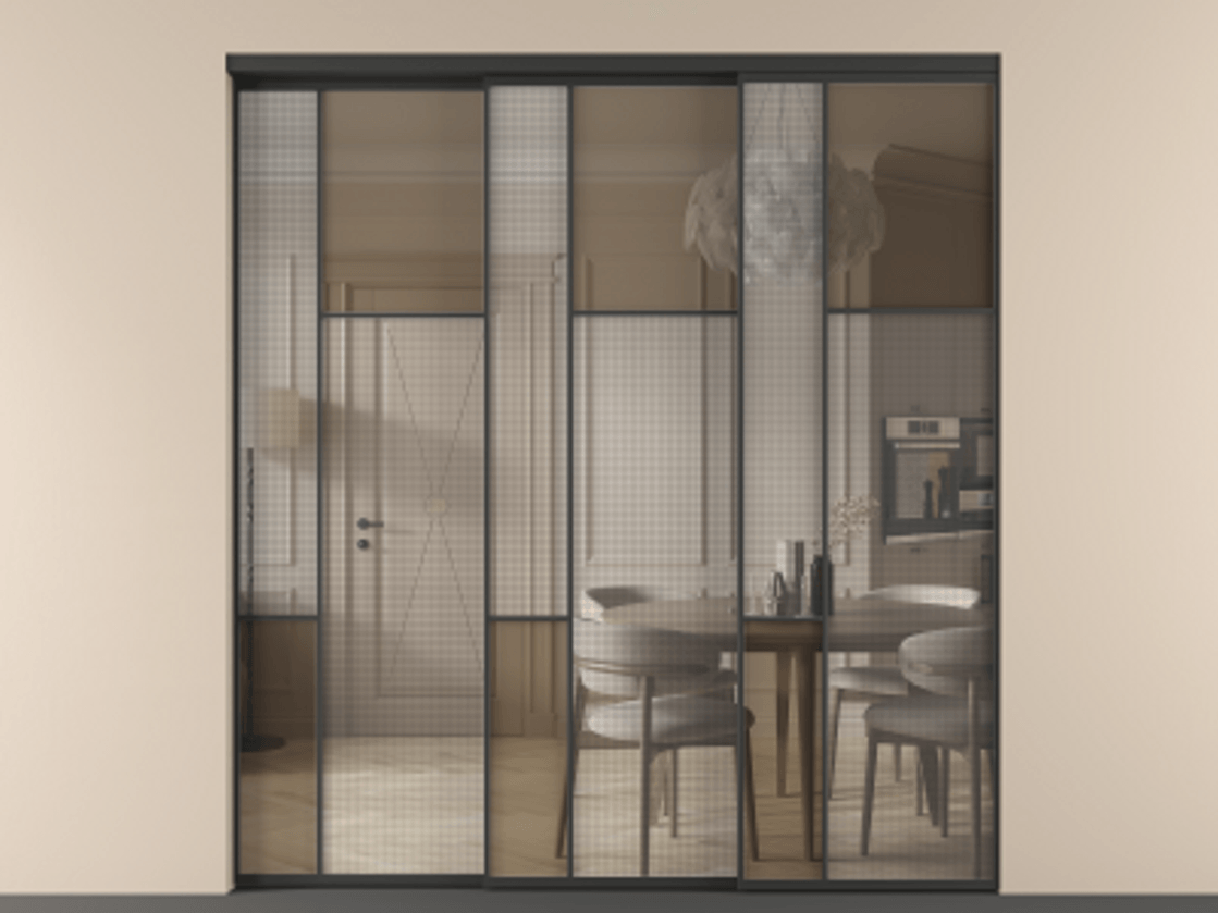 Перегородка Mosaic внутри проема телескопик синхро-3 АЛПР 041.11 Алюминий Черный Mesh silver + Бронза прозрачное триплекс Цена 82040420 so'm | Volhovec