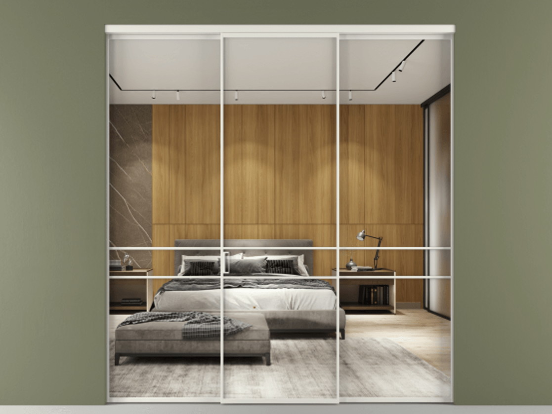 Перегородка Формато внутри проёма 3 створки АЛПР 040.02 Алюминий серый Двустороннее зеркало, триплекс , триплекс 6 мм Цена 261000 ₽ | Volhovec