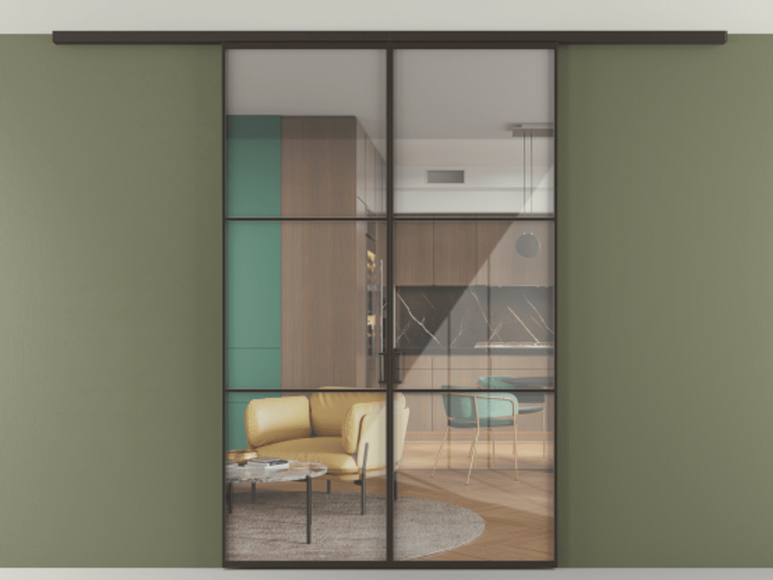 Перегородка Формато вдоль стены на потолок 2 створки АЛПР 040.03 Алюминий антрацит Рефлективное прозрачное стекло "Стопсол", калёное Цена 42158230 so'm | Volhovec