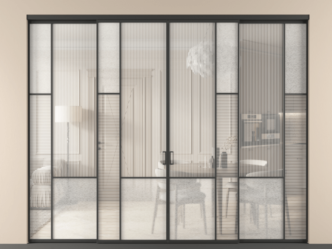 Перегородка Мозаик внутри проёма 4 створки АЛПР 041.12 Алюминий Черный Рифлёное стекло "Дюна", триплекс, 6 мм + Фактурное стекло "Лёд", триплекс. Скрытый короб ЧЕР Цена 473960 ₽ . Фабрика дверей Волховец 8 (800) 551 43 19 Перегородка Мозаик внутри проёма 4 створки АЛПР 041.12 Алюминий Черный Рифлёное стекло "Дюна", триплекс, 6 мм + Фактурное стекло "Лёд", триплекс Цена 473960 ₽ | Volhovec