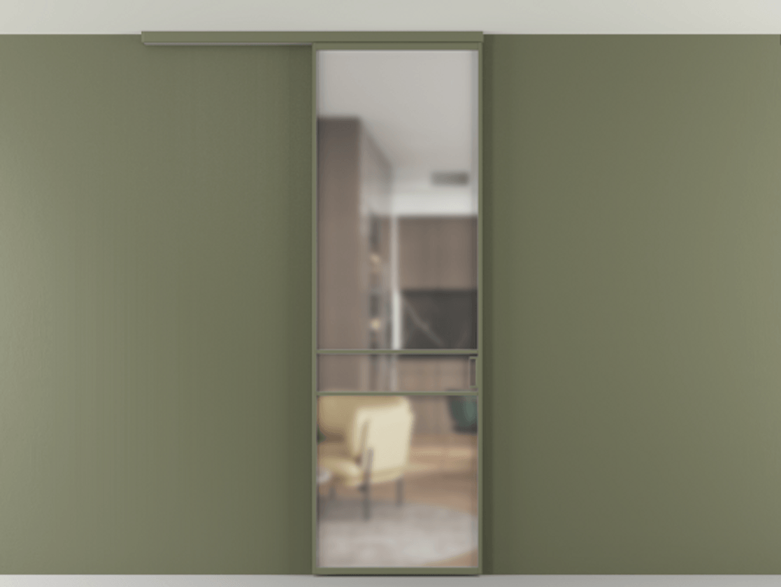 Перегородка Формато вдоль стены на потолок 1 створка АЛПР 040.02 Алюминий оливковый тёмный Сатинированное стекло "Мателюкс Кристал Вижн", калёное, матовое, каленое 6 мм Цена 21799760 so'm | Volhovec