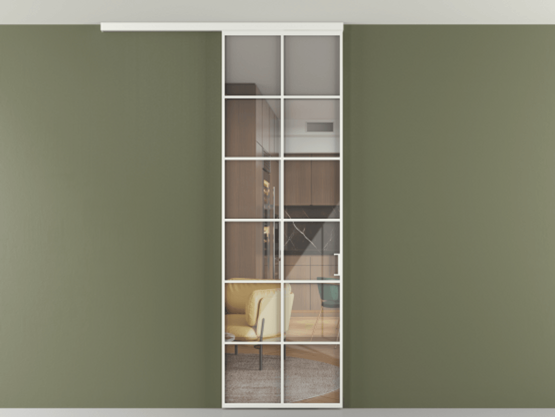 Перегородка Формато вдоль стены на потолок 1 створка АЛПР 040.05 Алюминий светло-серый Рефлективное прозрачное стекло "Стопсол", калёное Цена 27220270 so'm | Volhovec