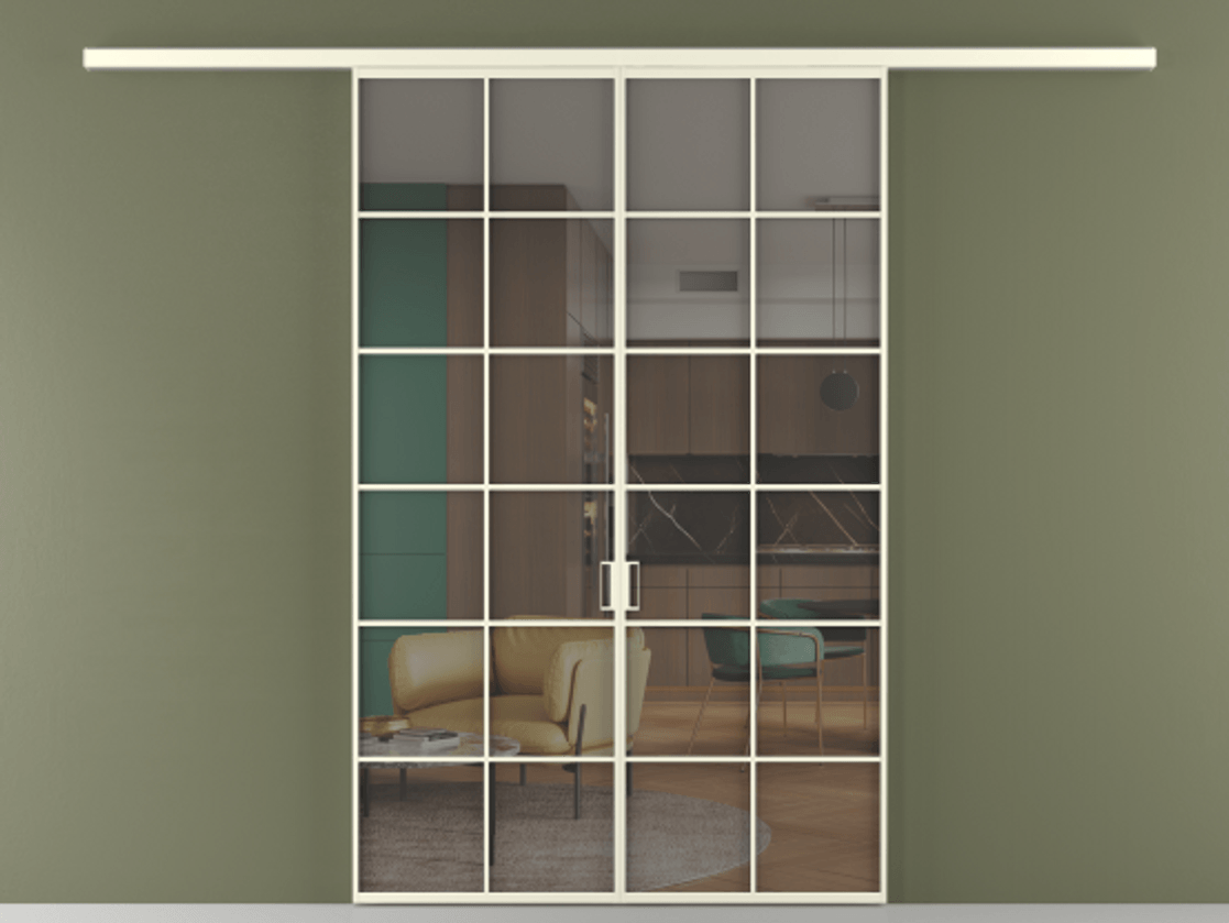 Перегородка Formato вдоль стены 2 створки АЛПР 040.05 Алюминий молочно-белый Прозрачное серое стекло, триплекс Цена 50465800 so'm | Volhovec