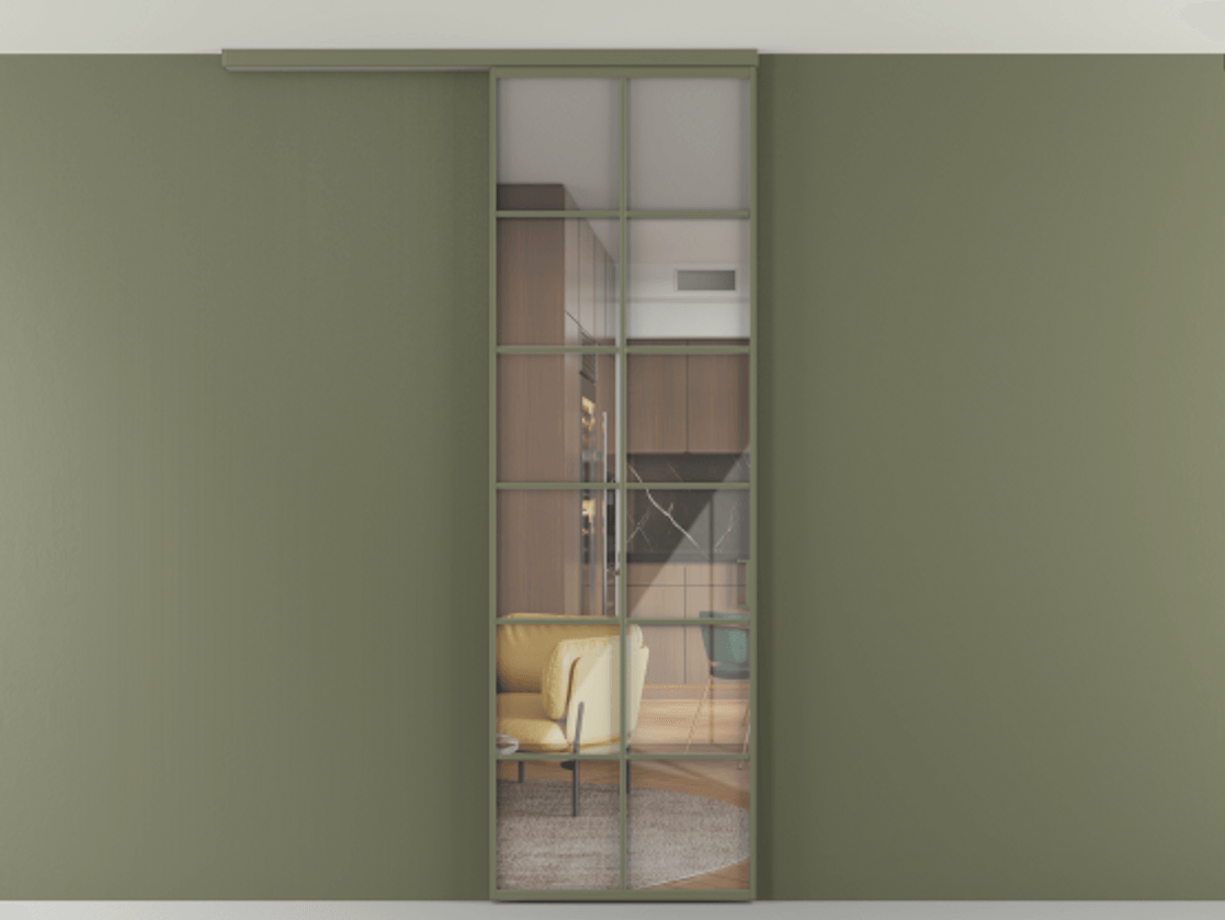 Перегородка Формато вдоль стены на потолок 1 створка АЛПР 040.05 Алюминий оливковый тёмный Рефлективное прозрачное стекло "Стопсол", калёное Цена 23193160 so'm | Volhovec