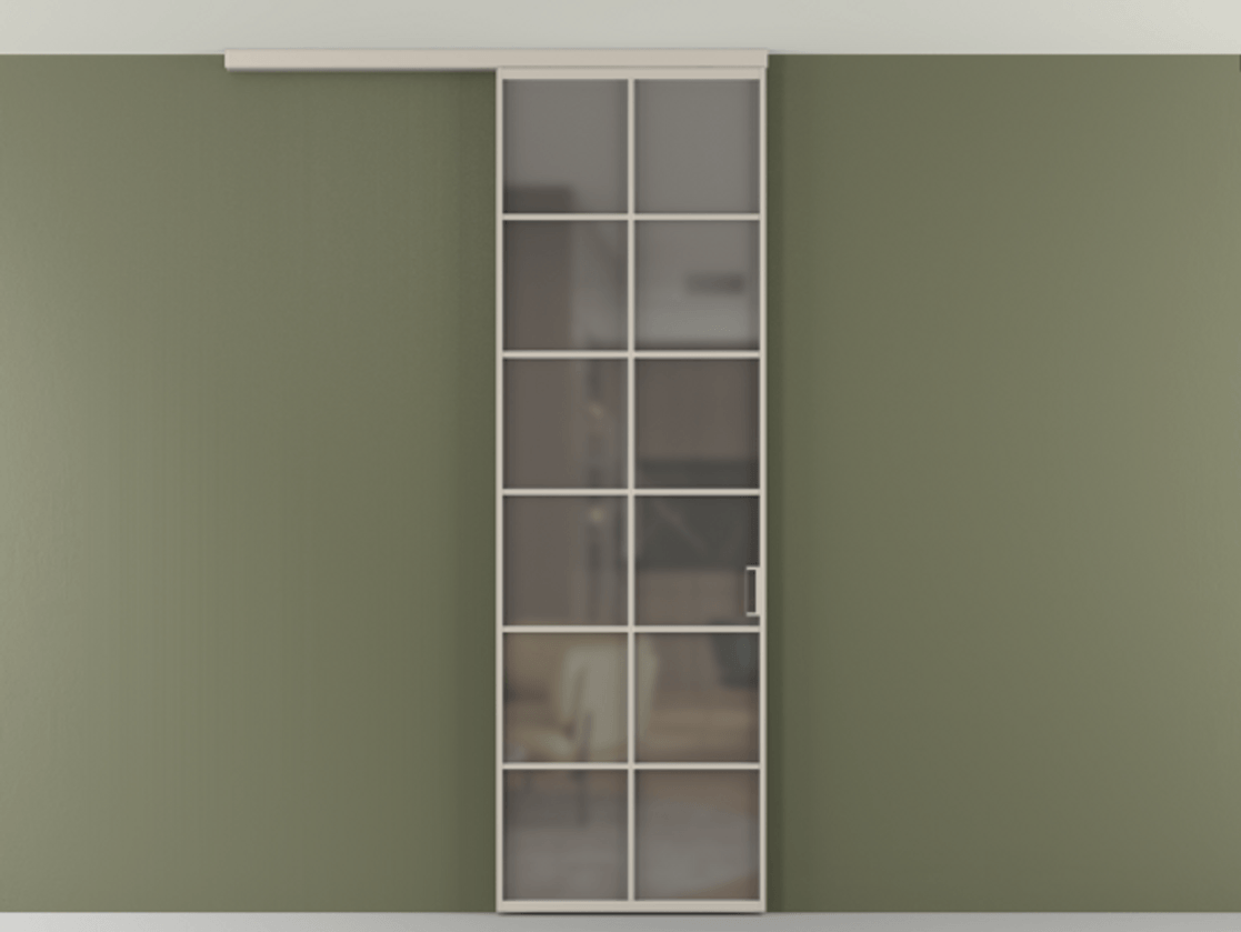 Перегородка Формато вдоль стены на потолок 1 створка АЛПР 040.05 Алюминий светло-бежевый Сатинированное серое стекло, триплекс Цена 25596270 so'm | Volhovec