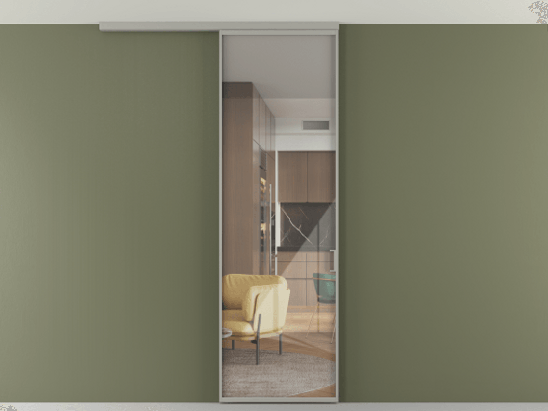 Перегородка Формато вдоль стены на потолок 1 створка АЛПР 040.01 Алюминий нейтральный серый Рефлективное прозрачное стекло "Стопсол", калёное Цена 20835110 so'm | Volhovec