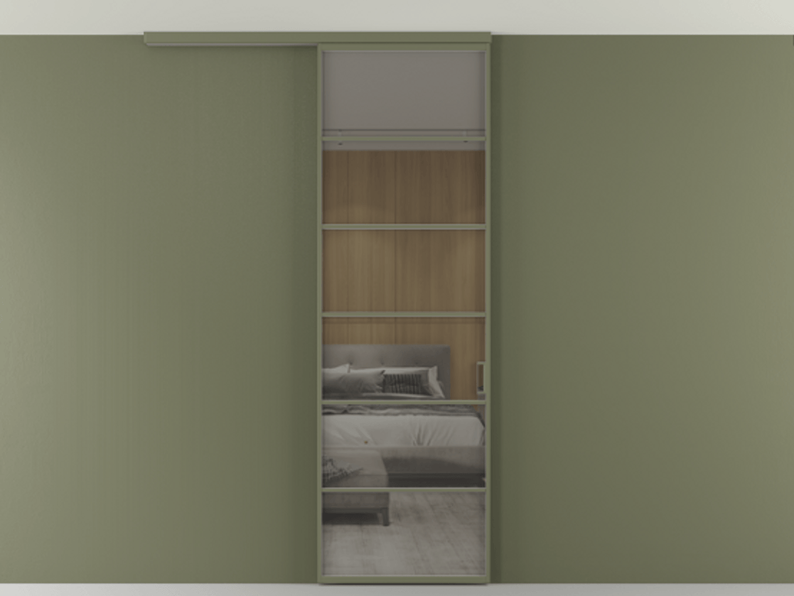 Перегородка Формато вдоль стены на потолок 1 створка АЛПР 040.04 Алюминий оливковый тёмный Рефлективное серое стекло "Стопсол", калёное Цена 23193160 so'm | Volhovec