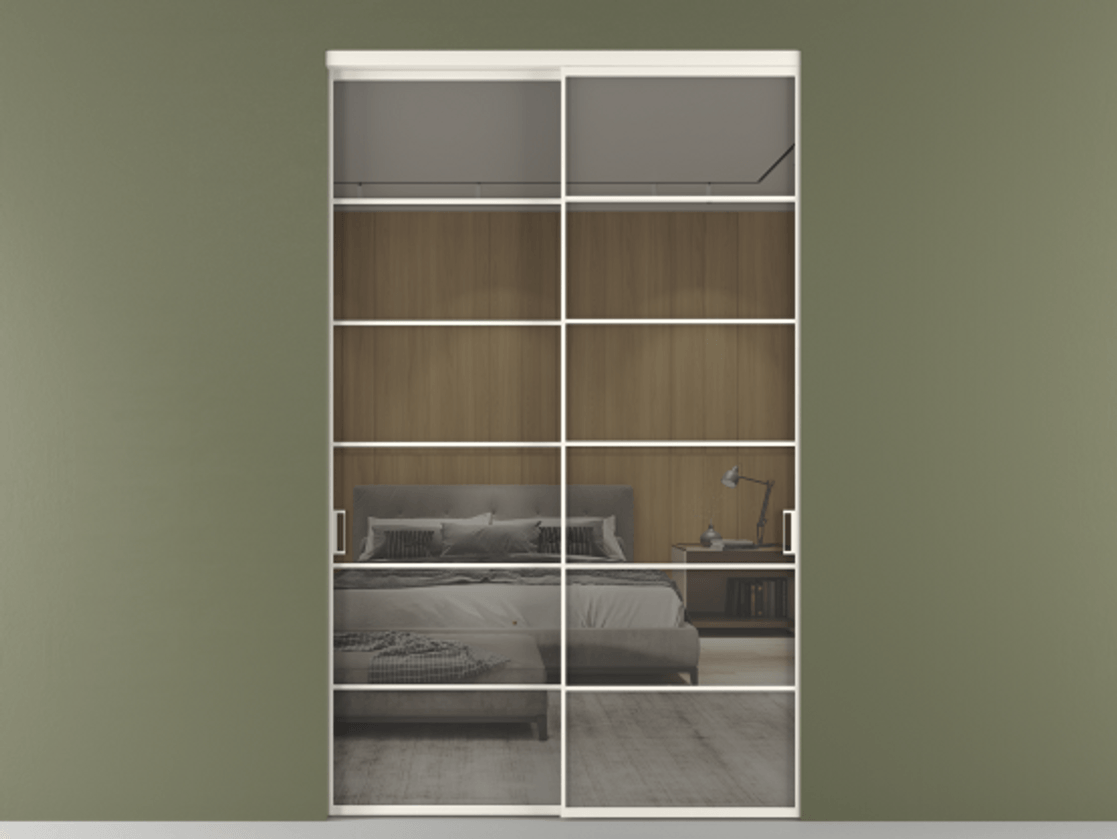 Перегородка Формато внутри проёма 2 створки АЛПР 040.04 Алюминий пудровый белый Рефлективное серое стекло "Стопсол", калёное Цена 100261700 so'm  | Volhovec