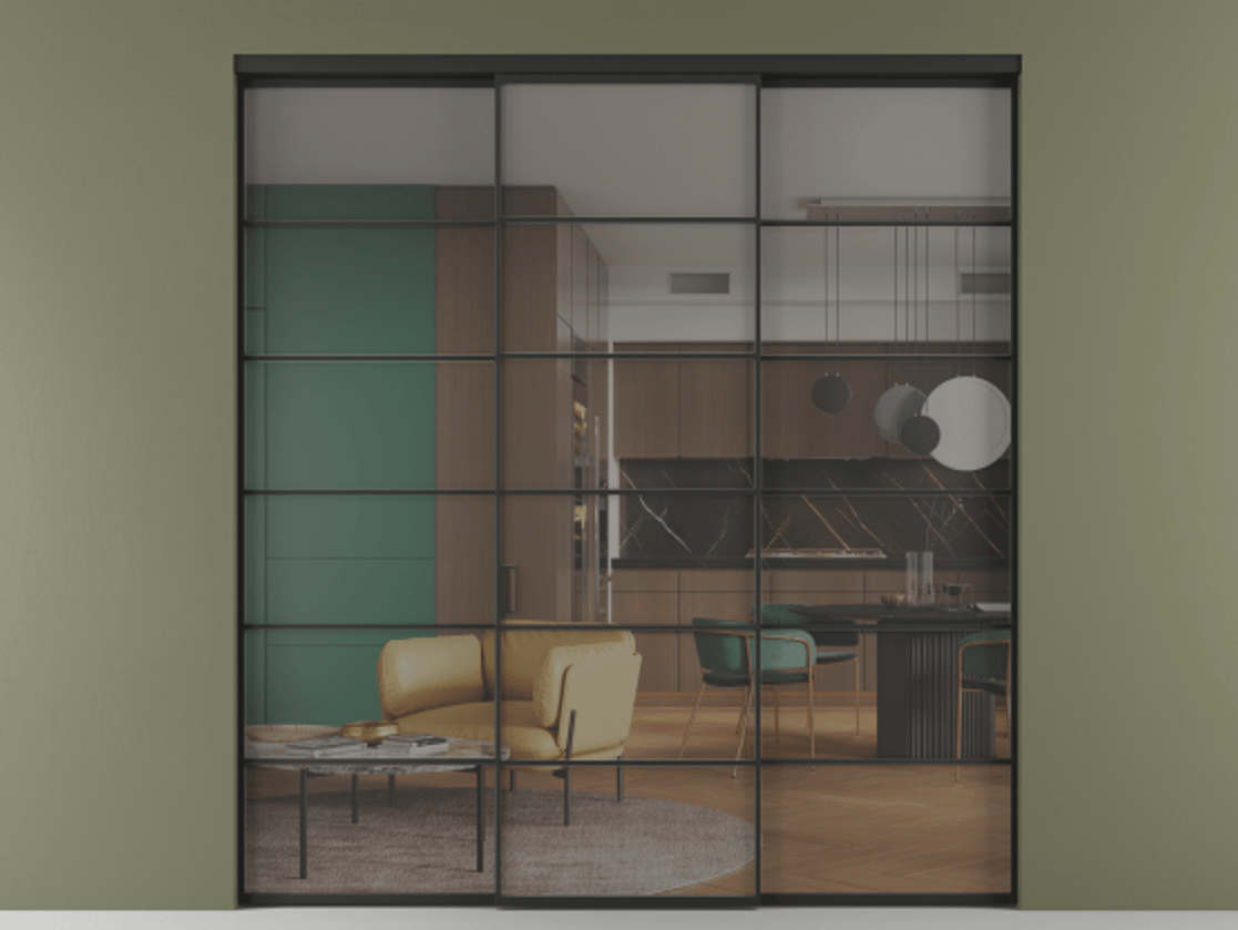 Перегородка Формато внутри проёма 3 створки АЛПР 040.04 Алюминий Черный Прозрачное серое стекло, триплекс Цена 49658880 so'm | Volhovec