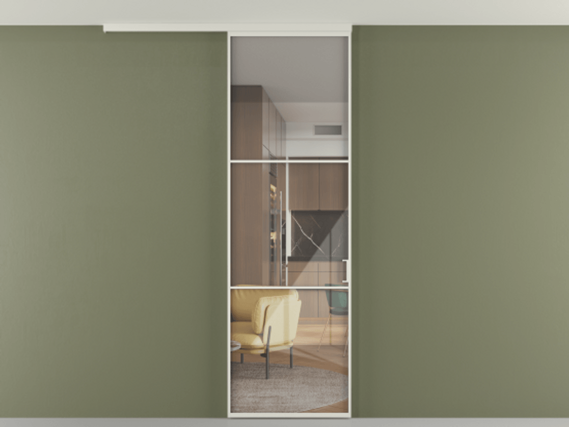 Перегородка Формато вдоль стены на потолок 1 створка АЛПР 040.03 Алюминий Белый Рефлективное прозрачное стекло "Стопсол", калёное Цена 24532550 so'm | Volhovec