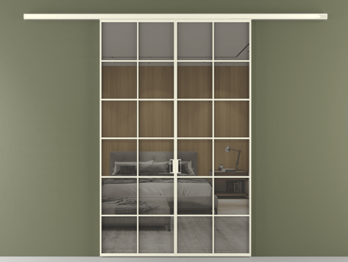 Перегородка Формато вдоль стены 2 створки АЛПР 040.05 Алюминий молочно-белый Рефлективное серое стекло "Стопсол", калёное Цена 53713800 so'm | Volhovec