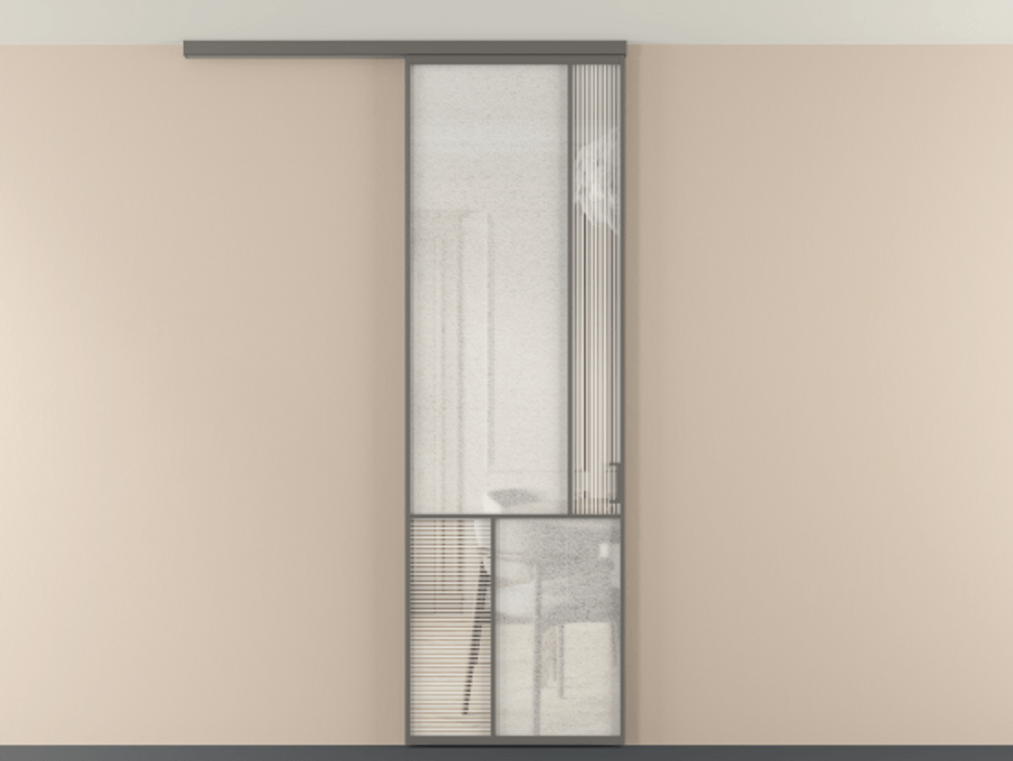 Перегородка Мозаик вдоль стены на потолок 1 створка АЛПР 041.21 Алюминий классический серый Рифлёное стекло "Дюна", триплекс, 6 мм + Фактурное стекло "Лёд", триплекс Цена 29037120 so'm | Volhovec