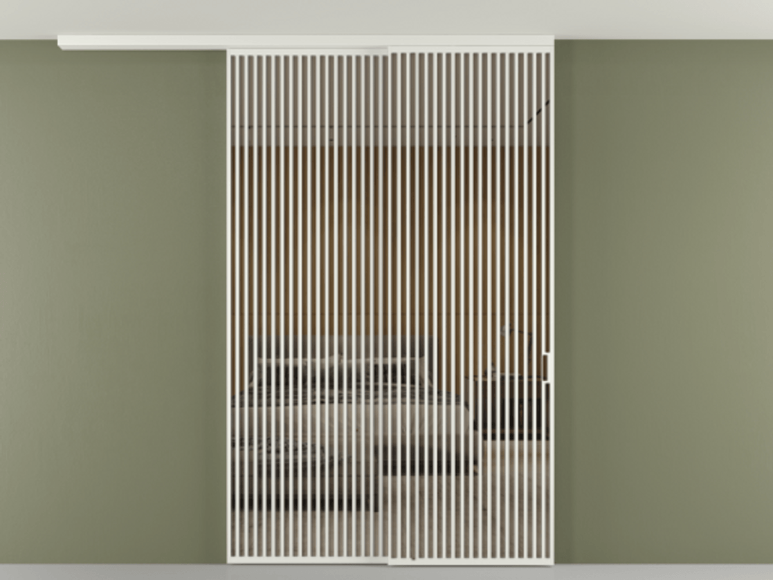 Перегородка Формато вдоль стены на потолок 2 створки с синхронным механизмом АЛПР 040.06 Алюминий светло-серый Рефлективное бронзовое стекло "Стопсол", калёное Цена 110151860 so'm | Volhovec