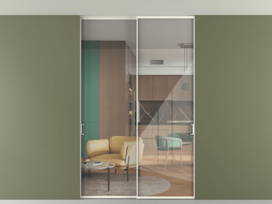 Перегородка Формато внутри проёма скрытое крепление в потолок 2 створки АЛПР 040.01 Алюминий жемчужный Рефлективное прозрачное стекло "Стопсол", калёное Цена 59608920 so'm | Volhovec