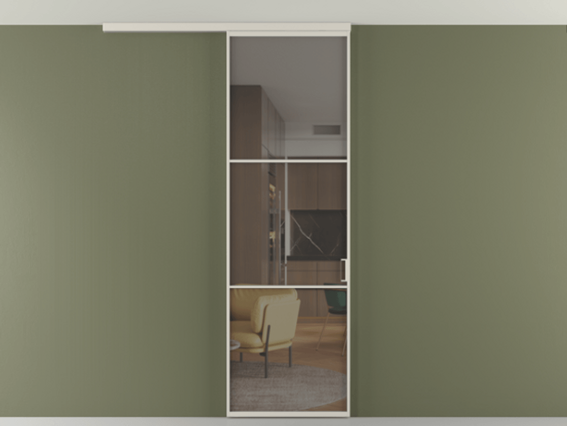 Перегородка Формато вдоль стены на потолок 1 створка АЛПР 040.03 Алюминий облачно-серый Прозрачное серое стекло, триплекс Цена 20500560 so'm | Volhovec