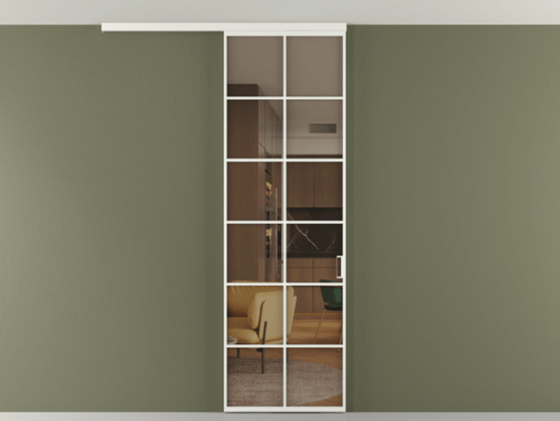 Перегородка Формато вдоль стены на потолок 1 створка АЛПР 040.05 Алюминий светло-серый Прозрачное бронзовое стекло, триплекс Цена 20968480 so'm | Volhovec