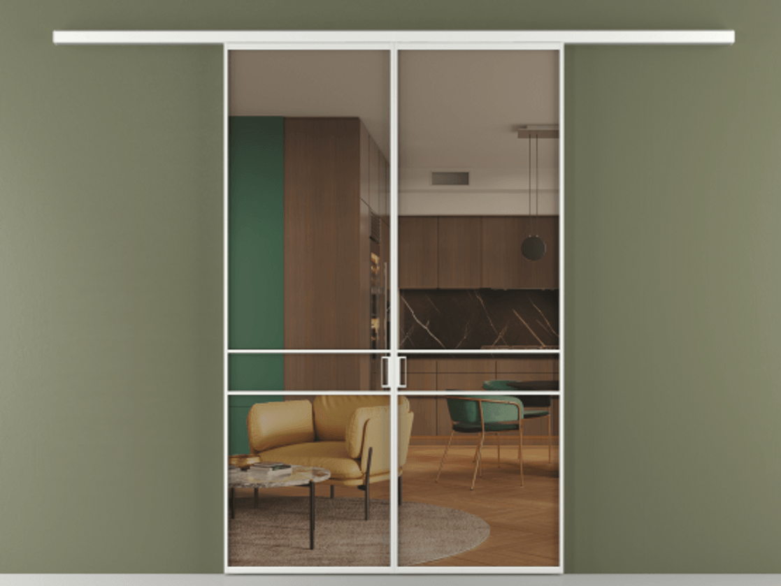 Перегородка Формато вдоль стены 2 створки АЛПР 040.02 Алюминий белоснежный Прозрачное бронзовое стекло, триплекс Цена 39676350 so'm | Volhovec