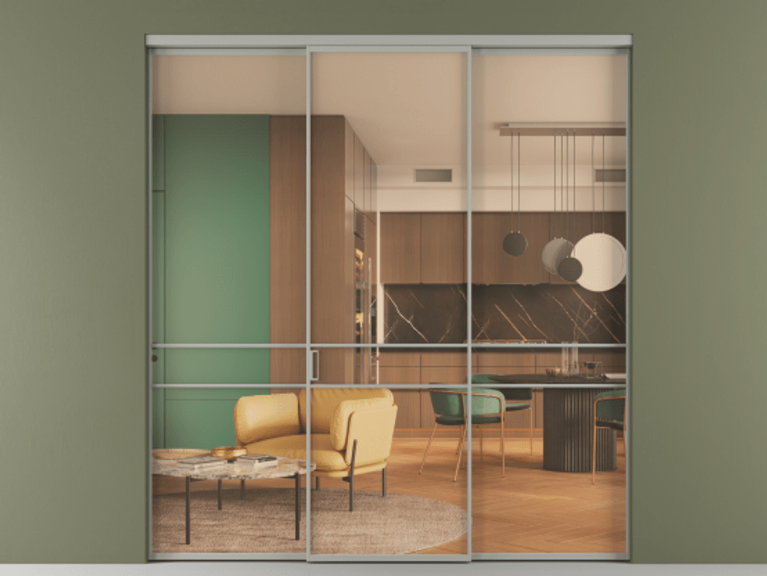 Перегородка Формато внутри проёма 3 створки АЛПР 040.02 Алюминий нейтральный серый Прозрачное оранжевое стекло, триплекс Цена 48166830 so'm | Volhovec