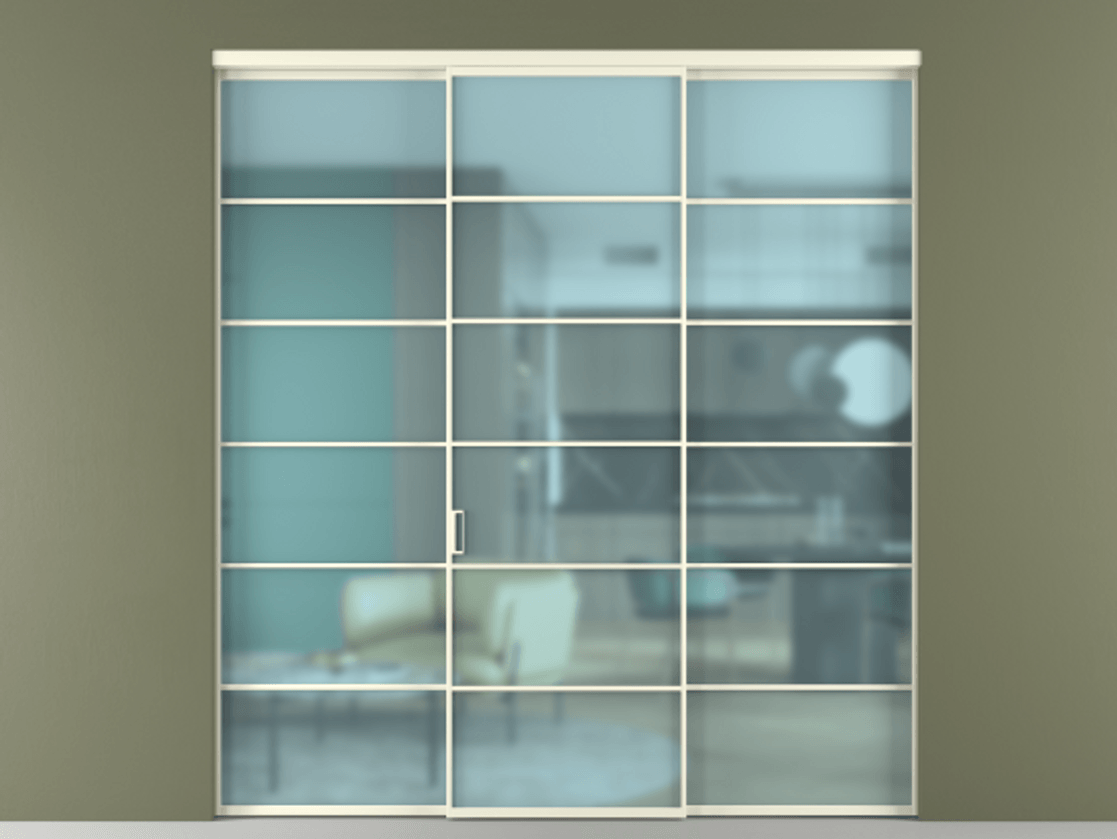 Перегородка Формато внутри проёма 3 створки АЛПР 040.04 Алюминий молочно-белый Сатинированное голубое стекло, триплекс Цена 51729480 so'm | Volhovec