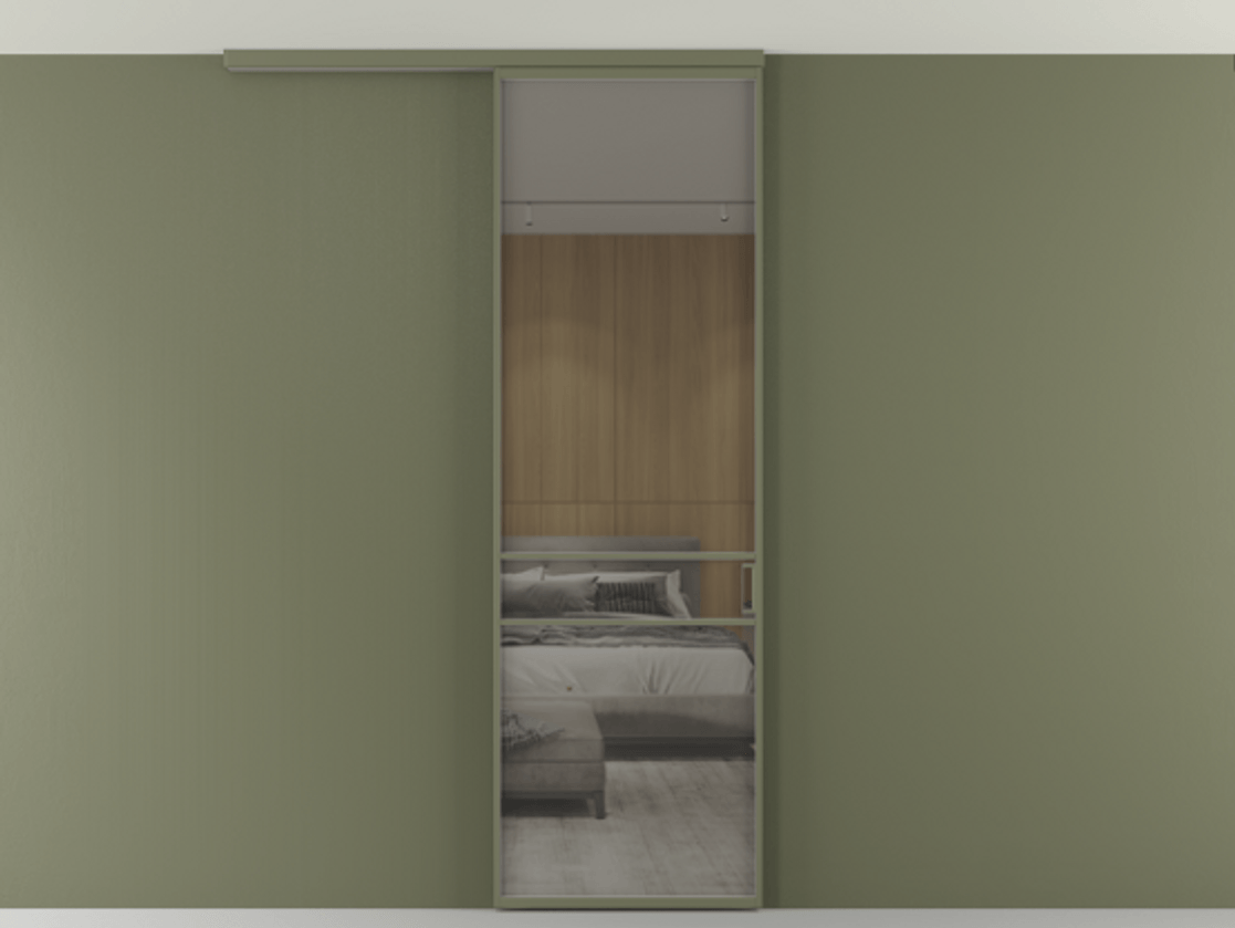 Перегородка Формато вдоль стены на потолок 1 створка АЛПР 040.02 Алюминий оливковый тёмный Рефлективное серое стекло "Стопсол", калёное Цена 25478530 so'm | Volhovec