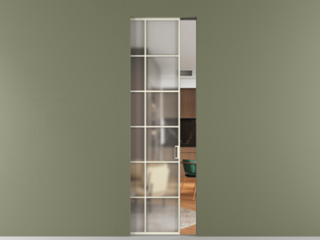 Перегородка Формато скрытый пенал 1 створка АЛПР 040.05 Алюминий молочно-белый Сатинированное стекло "Мателюкс Кристал Вижн", калёное, матовое, каленое 6 мм Цена 34108060 so'm | Volhovec